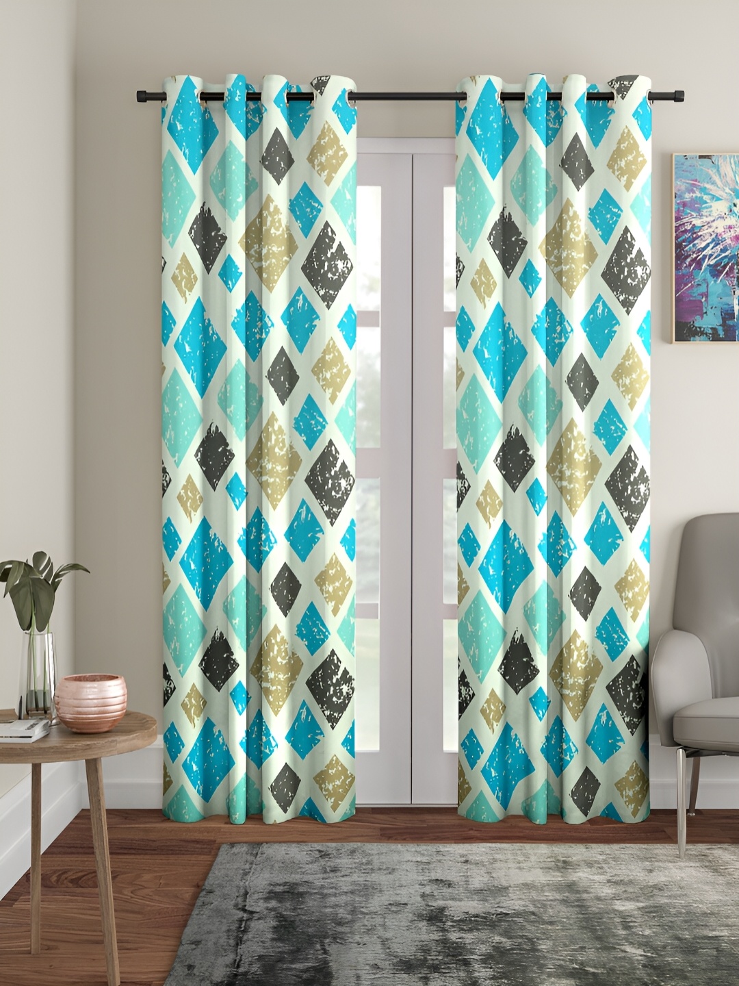 

Aura Blue & White 2 Pieces Geometric Printed Eyelet Long Door Curtains