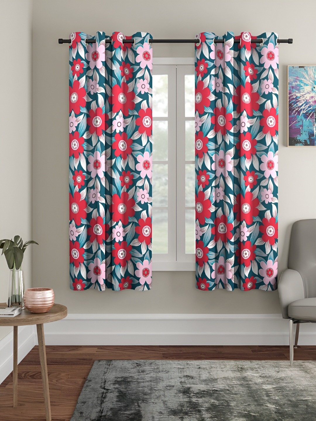 

Aura Blue & Pink 2 Pieces Floral Window Curtains