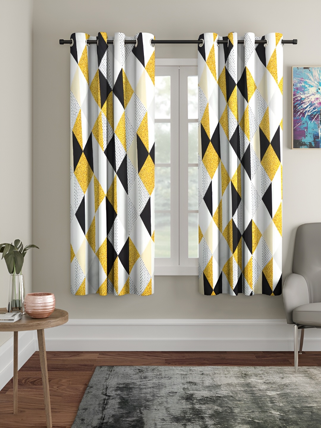 

Aura White & Yellow 2 Pieces Geometric Printed Eyelet Window Curtains