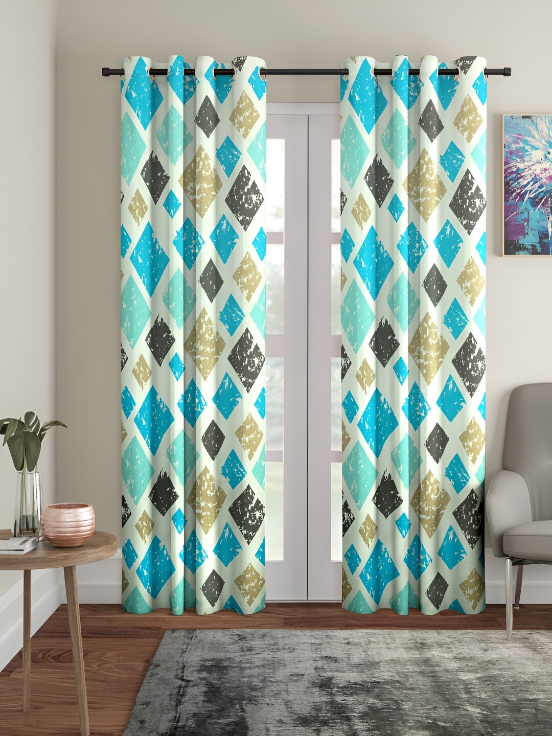 

Aura Green & Blue 2 Pieces Geometric Printed Eyelet Door Curtains