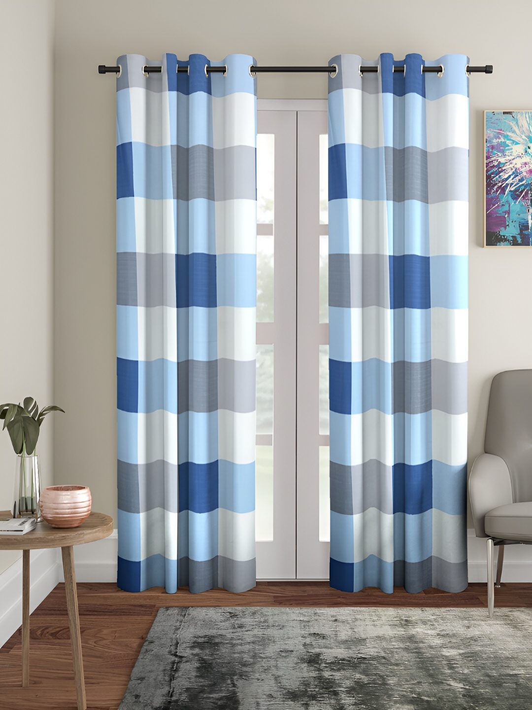 

Aura Blue & White 2 Pieces Geometric Printed Eyelet Long Door Curtains