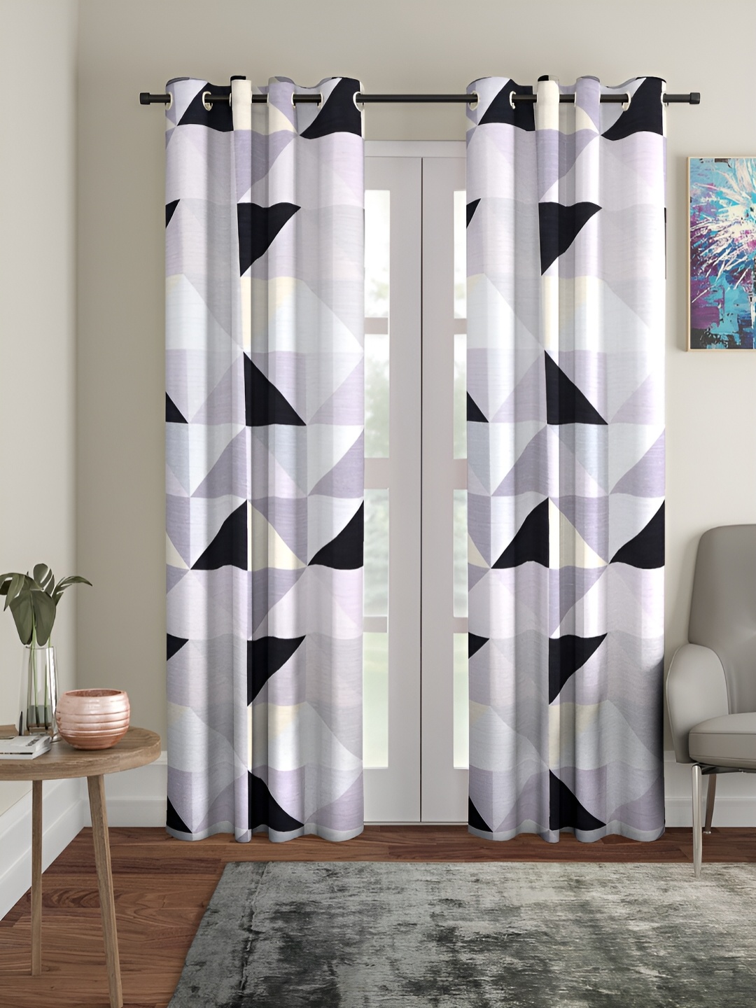 

Aura Purple & Black 2 Pieces Geometric Printed Eyelet Long Door Curtains