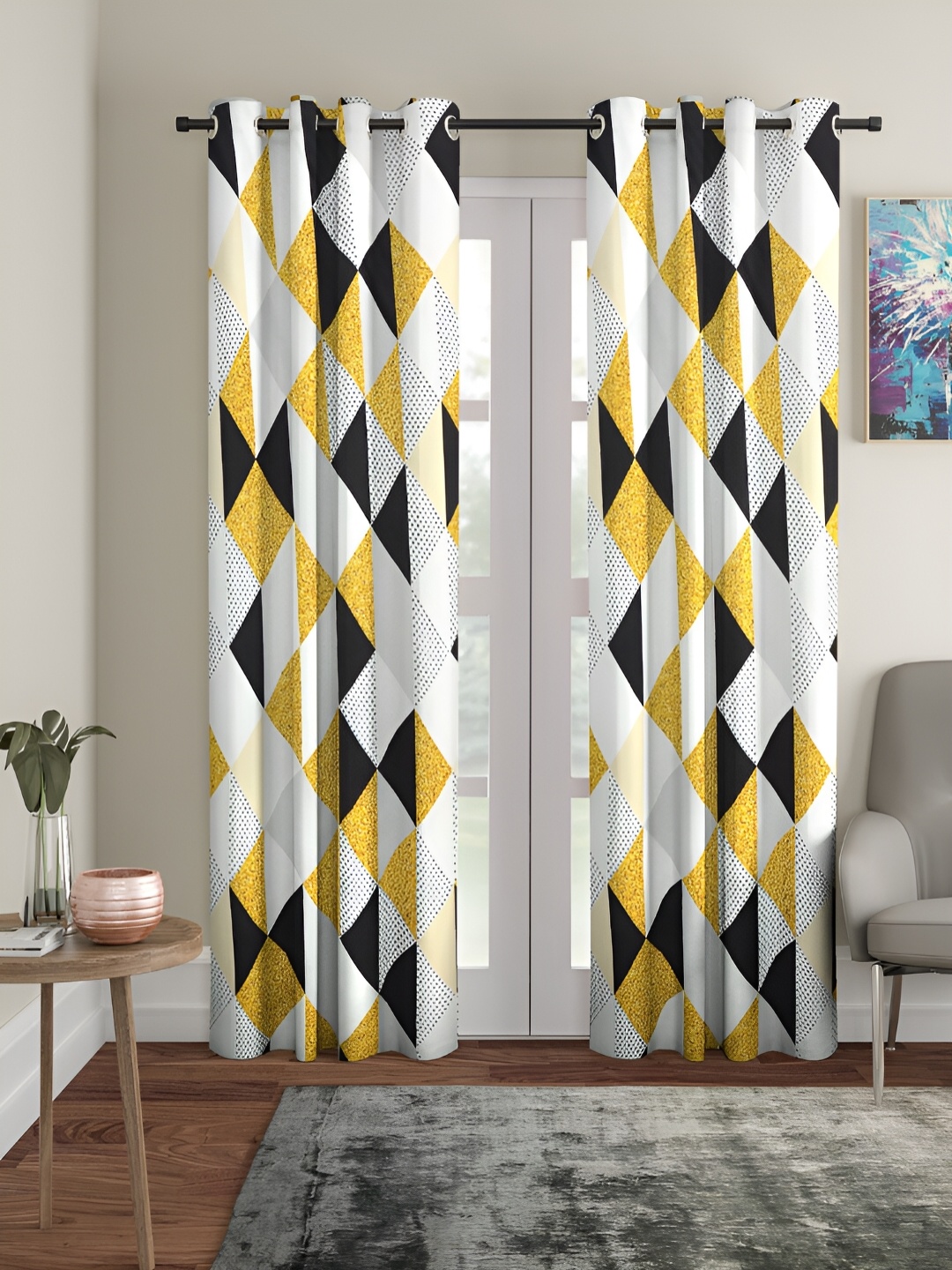 

Aura White & Yellow 2 Pieces Geometric Printed Eyelet Long Door Curtains