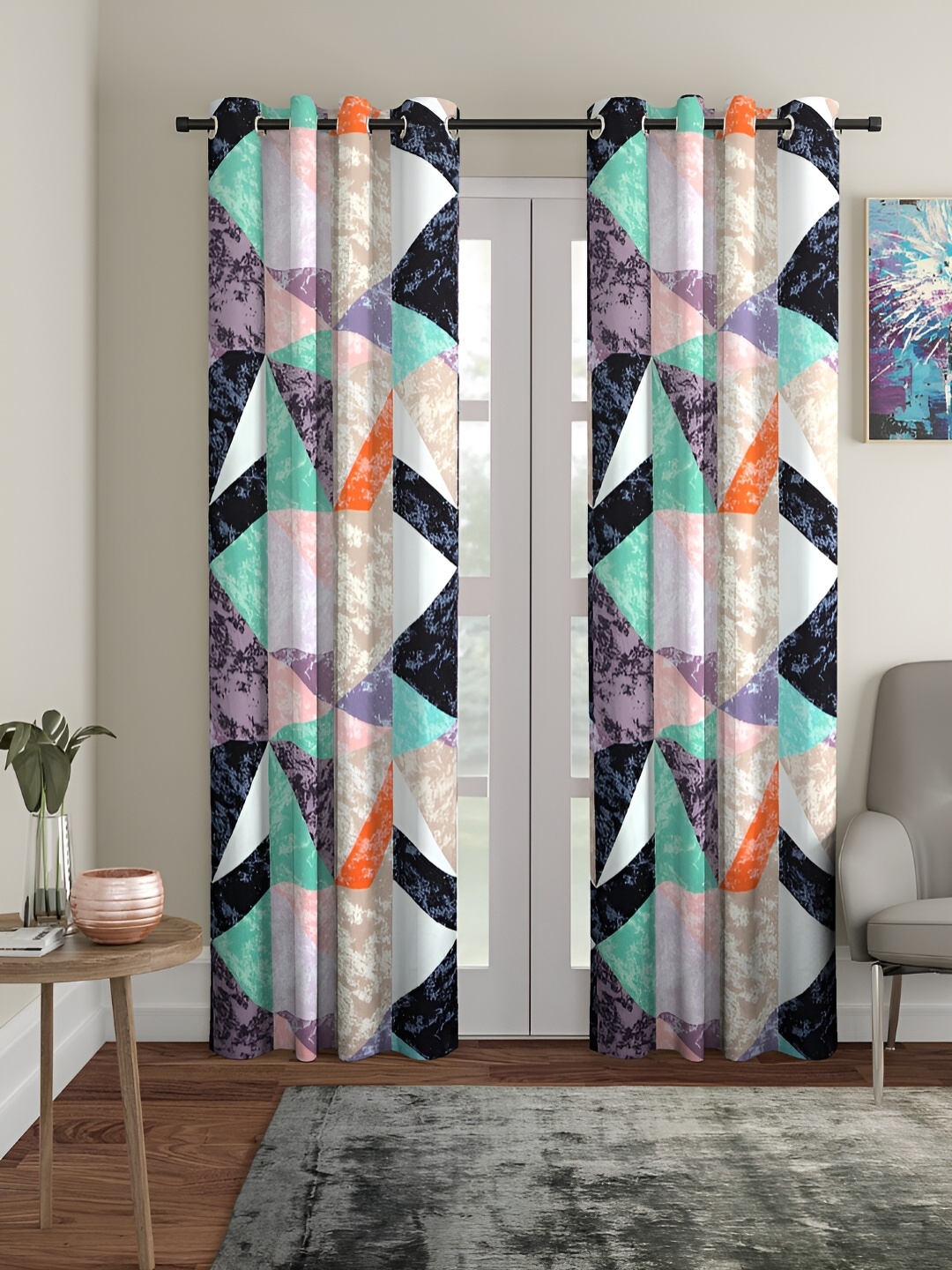 

Aura Green & Pink 2 Pieces Geometric Door Curtains