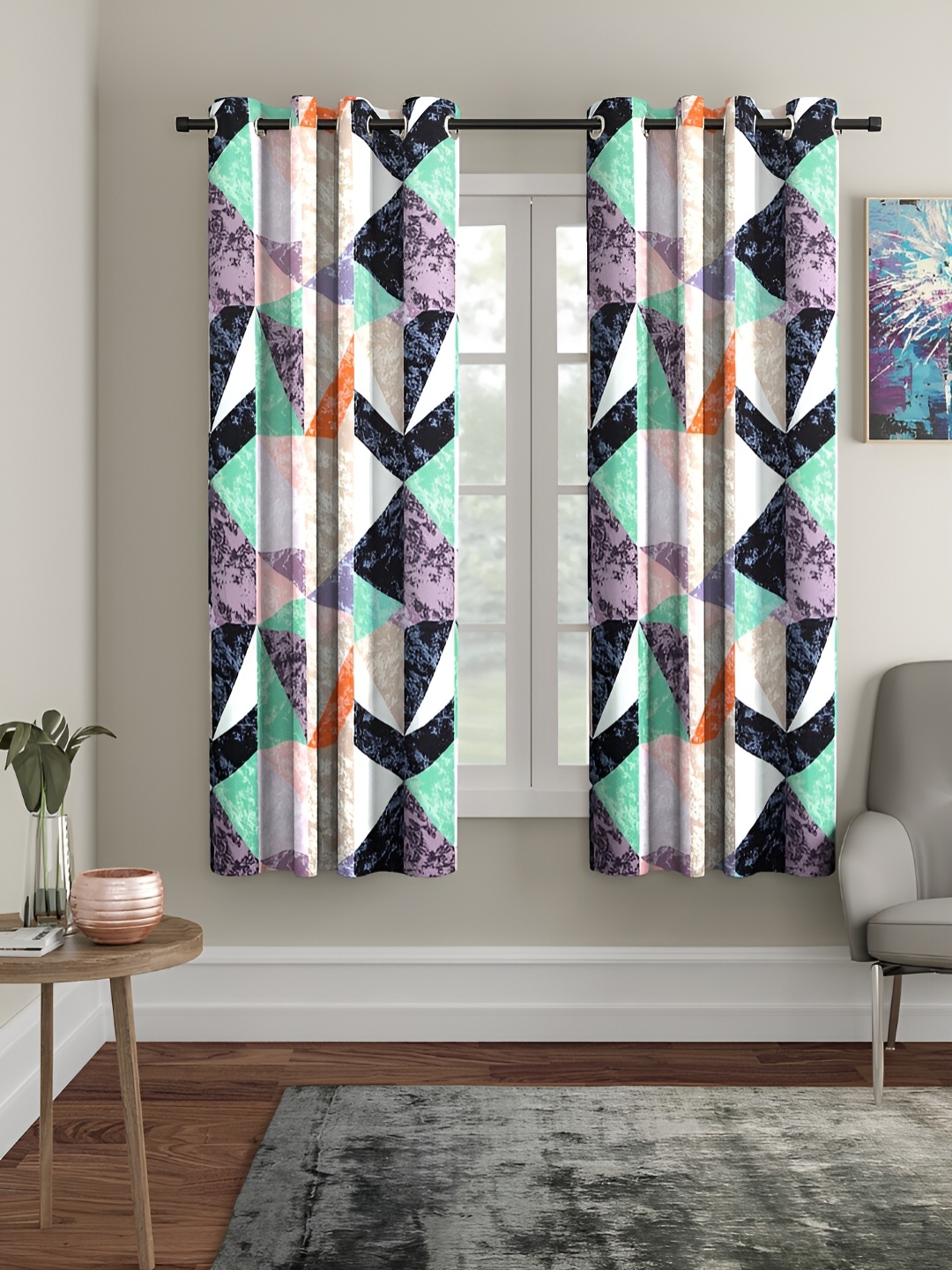 

Aura White & Green 2 Pieces Geometric Window Curtains