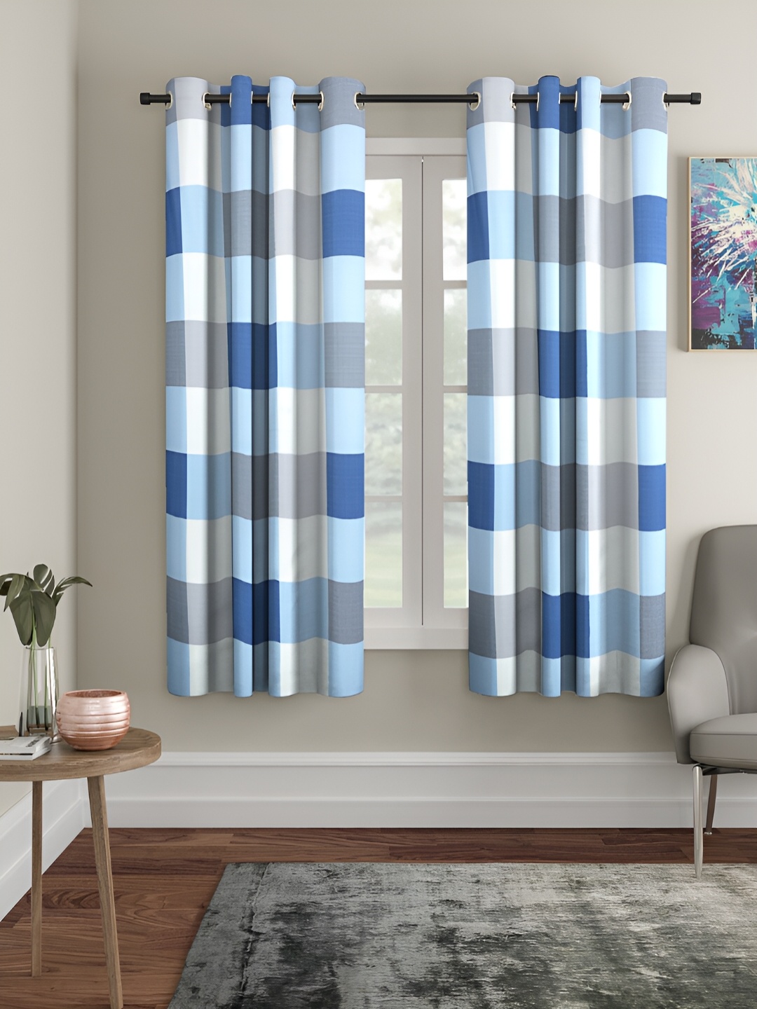 

Aura Blue & White 2 Pieces Geometric Printed Eyelet Window Curtains