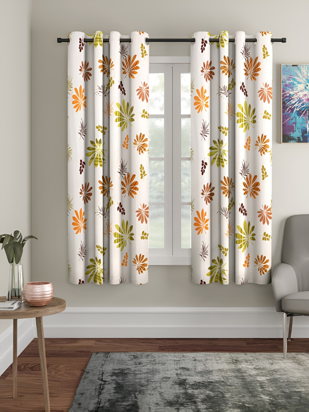 

Aura White & Orange 2 Pieces Floral Printed Eyelet Window Curtains