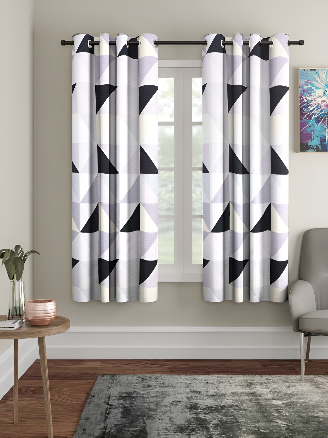 

Aura White & Black 2 Pieces Geometric Printed Eyelet Window Curtains