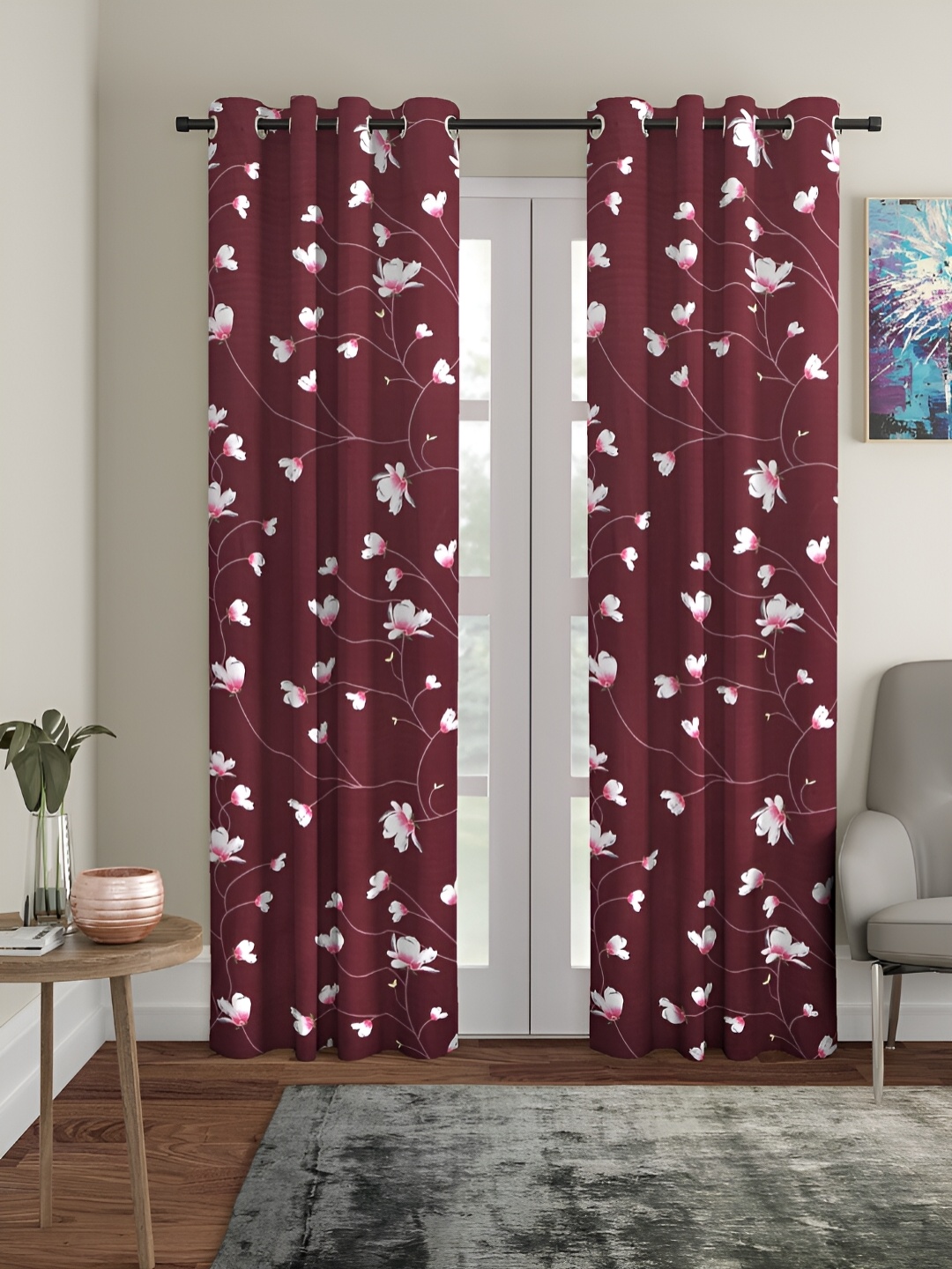 

Aura Maroon & White 2 Pieces Floral Printed Eyelet Door Curtains