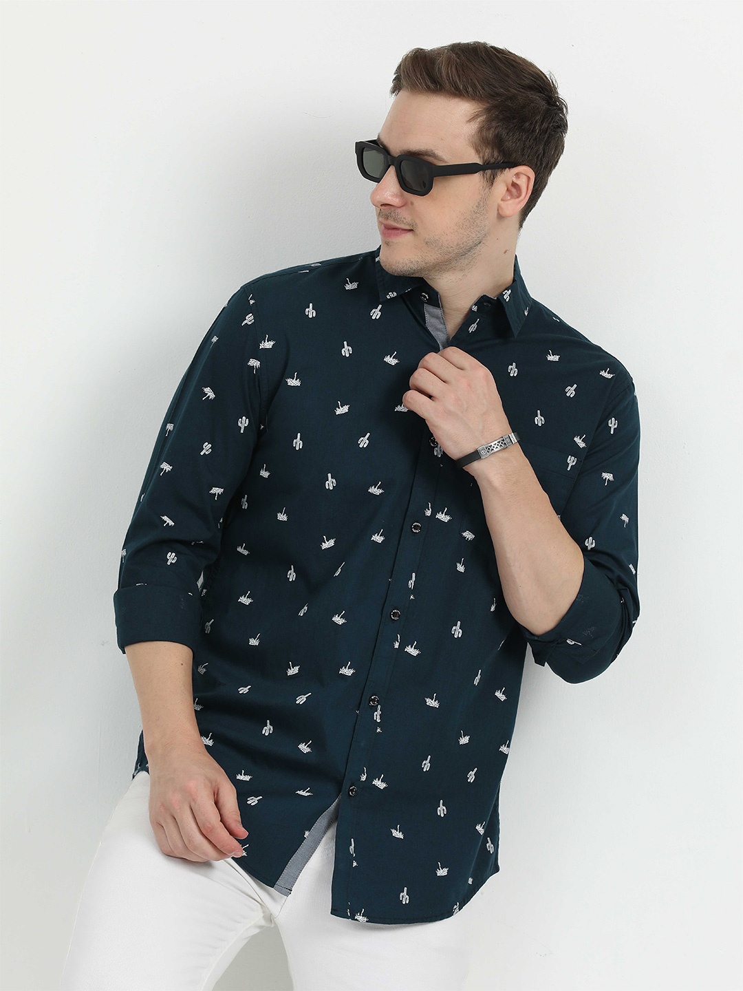 

STELLERS Classic Cotton Printed Casual Shirt, Navy blue