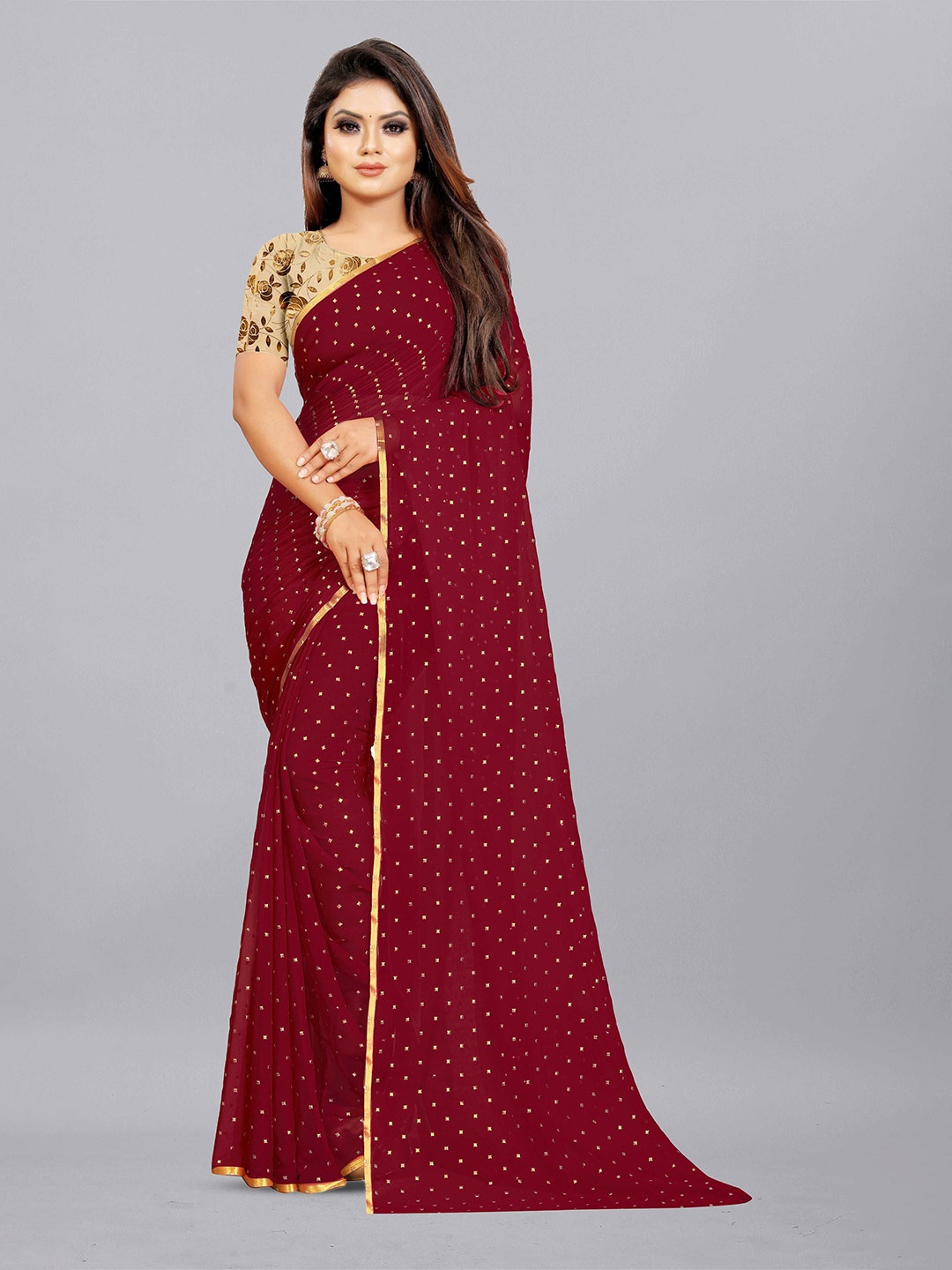 

Aardiva Embellished Zari Pure Chiffon Saree, Maroon