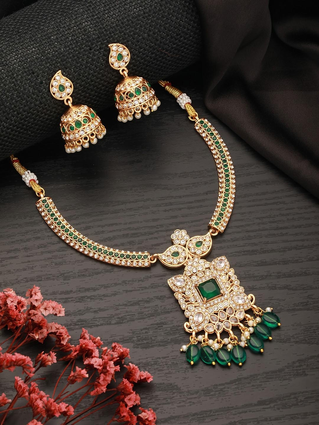 

Saraf RS Jewellery Gold-Plated CZ-Studded & Pearl-Beaded Jewellery Set