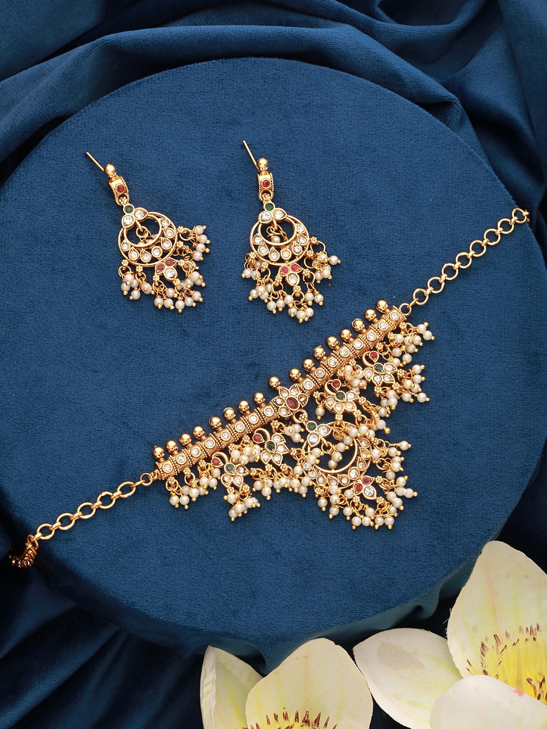 

Saraf RS Jewellery Gold-Plated AD-Studded & Pearl-Beaded Jewellery Set