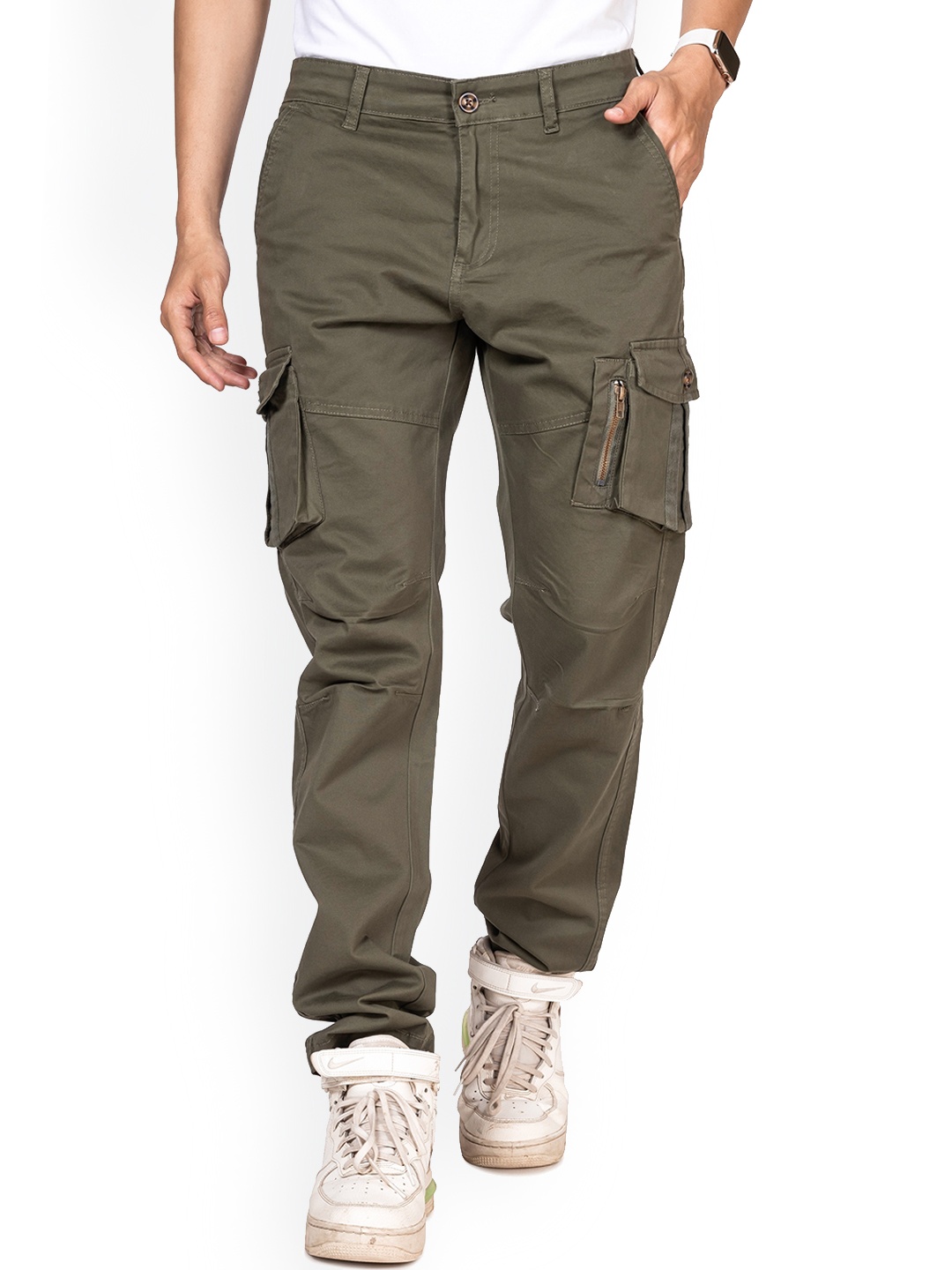 

TBS- THE BARGAIN STREET Classic Slim Fit Mid-Rise Cotton Easy Wash Cargos Trousers, Olive