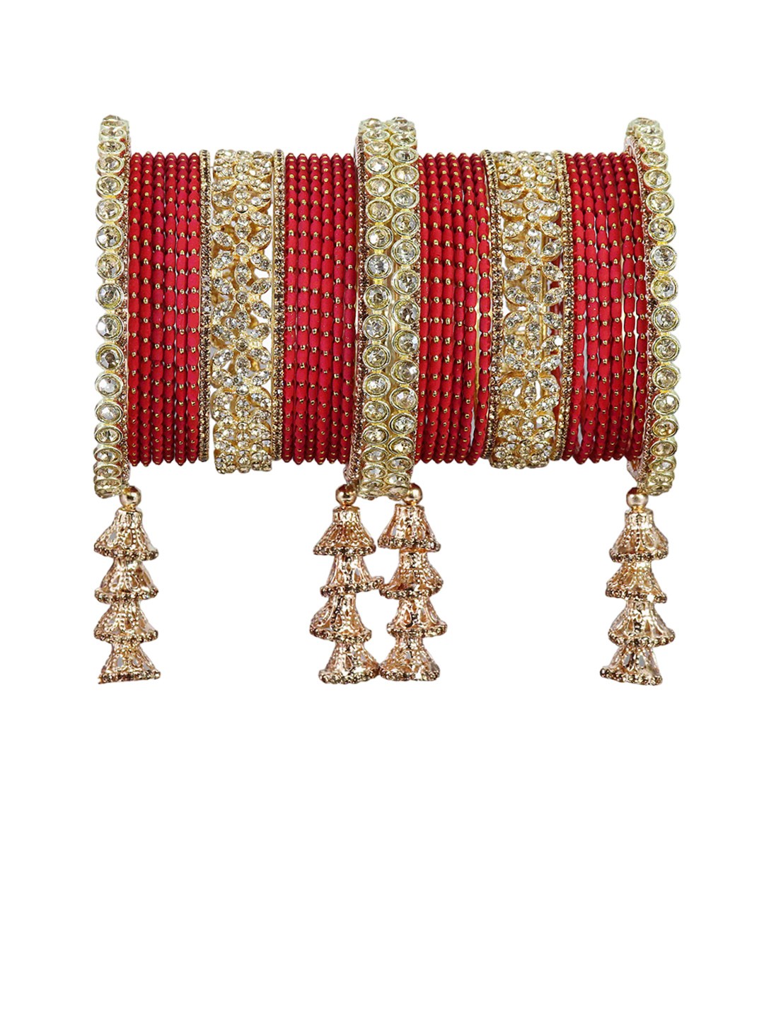 

LAVAZZA Set of 38 Crystal-Studded Metal Latkan Bangles Chuda Set, Red