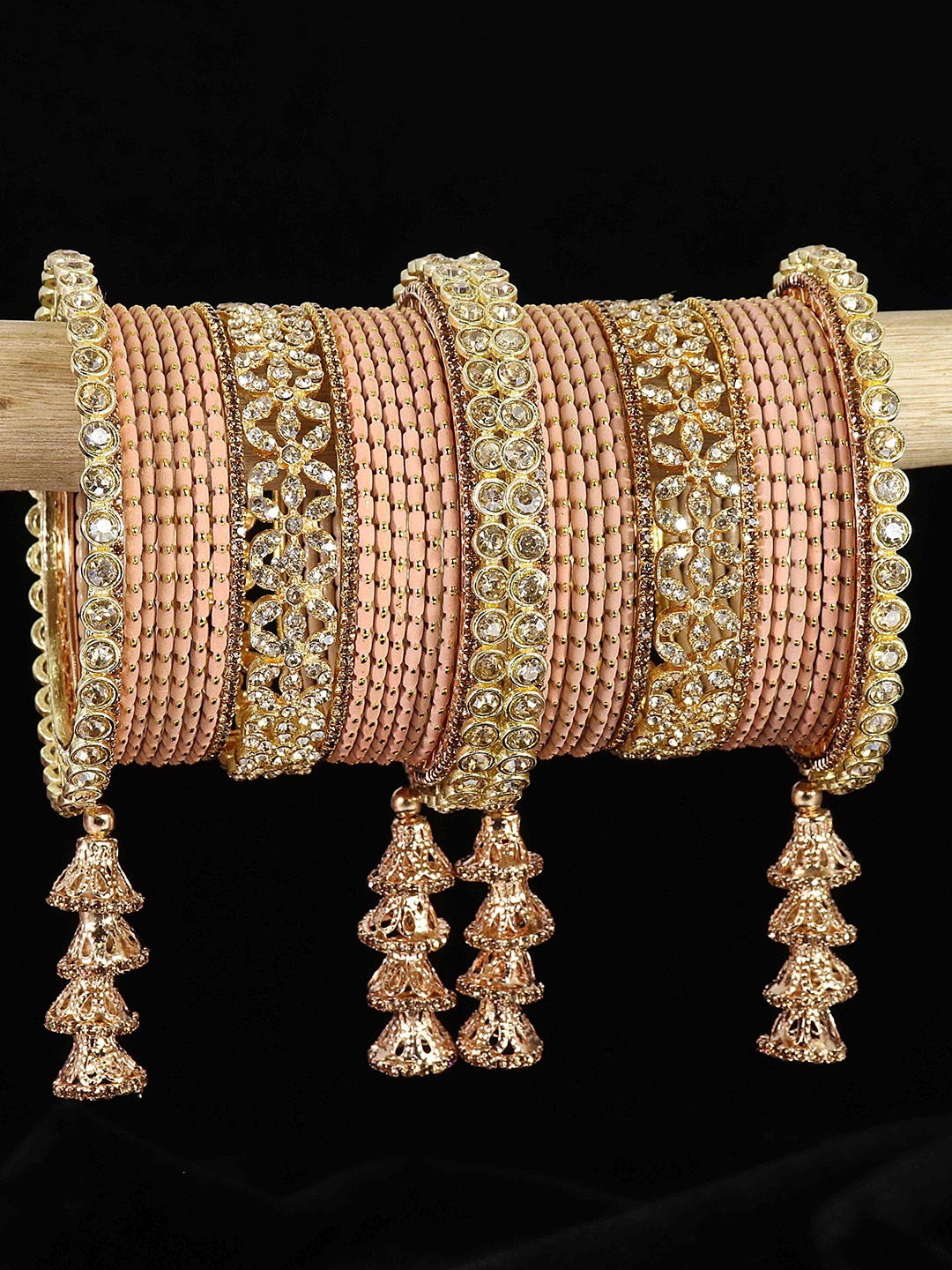 

LAVAZZA Set of 38 Crystal-Studded Metal Latkan Bangles Chuda Set, Peach