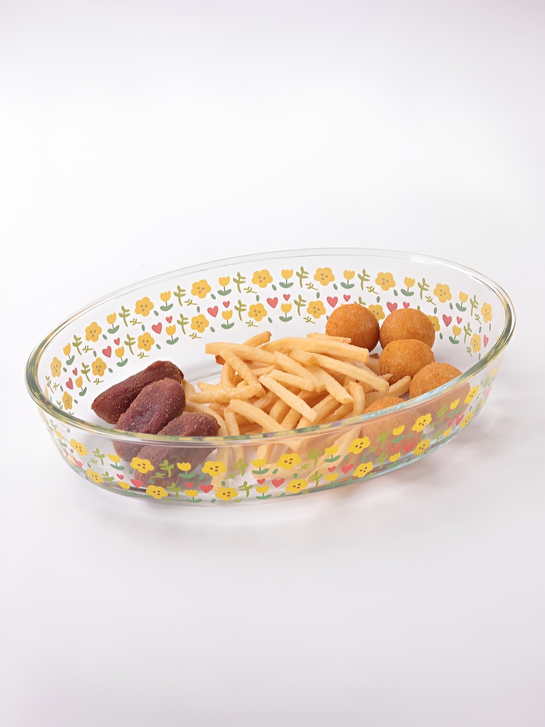 

UMAI Transparent & Yellow Floral Printed Oval Shape Microwave Safe Baking Tray