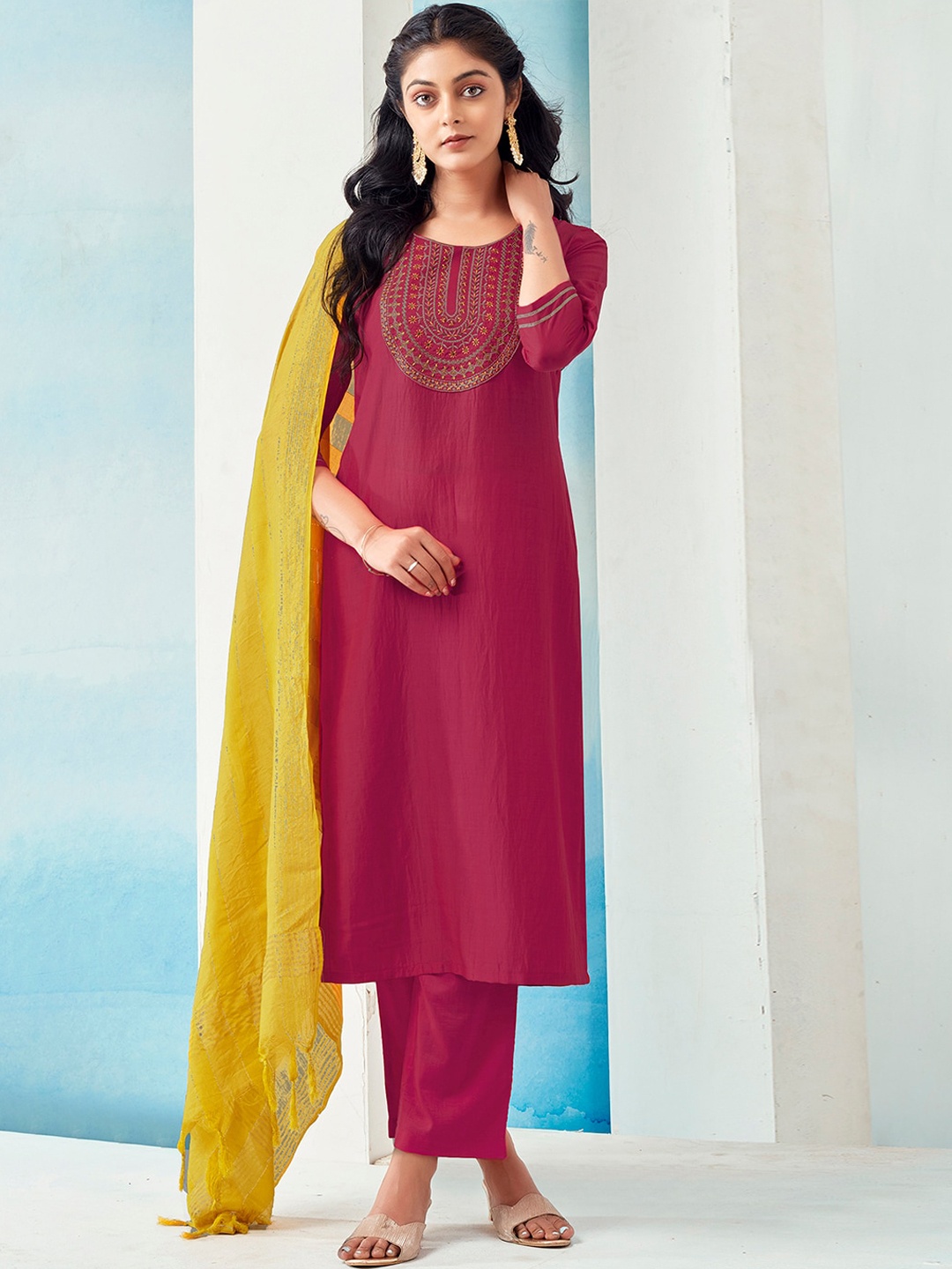 

SKYLEE Pink & Yellow Yoke Design Regular Thread Work Kurta & Trousers With Dupatta