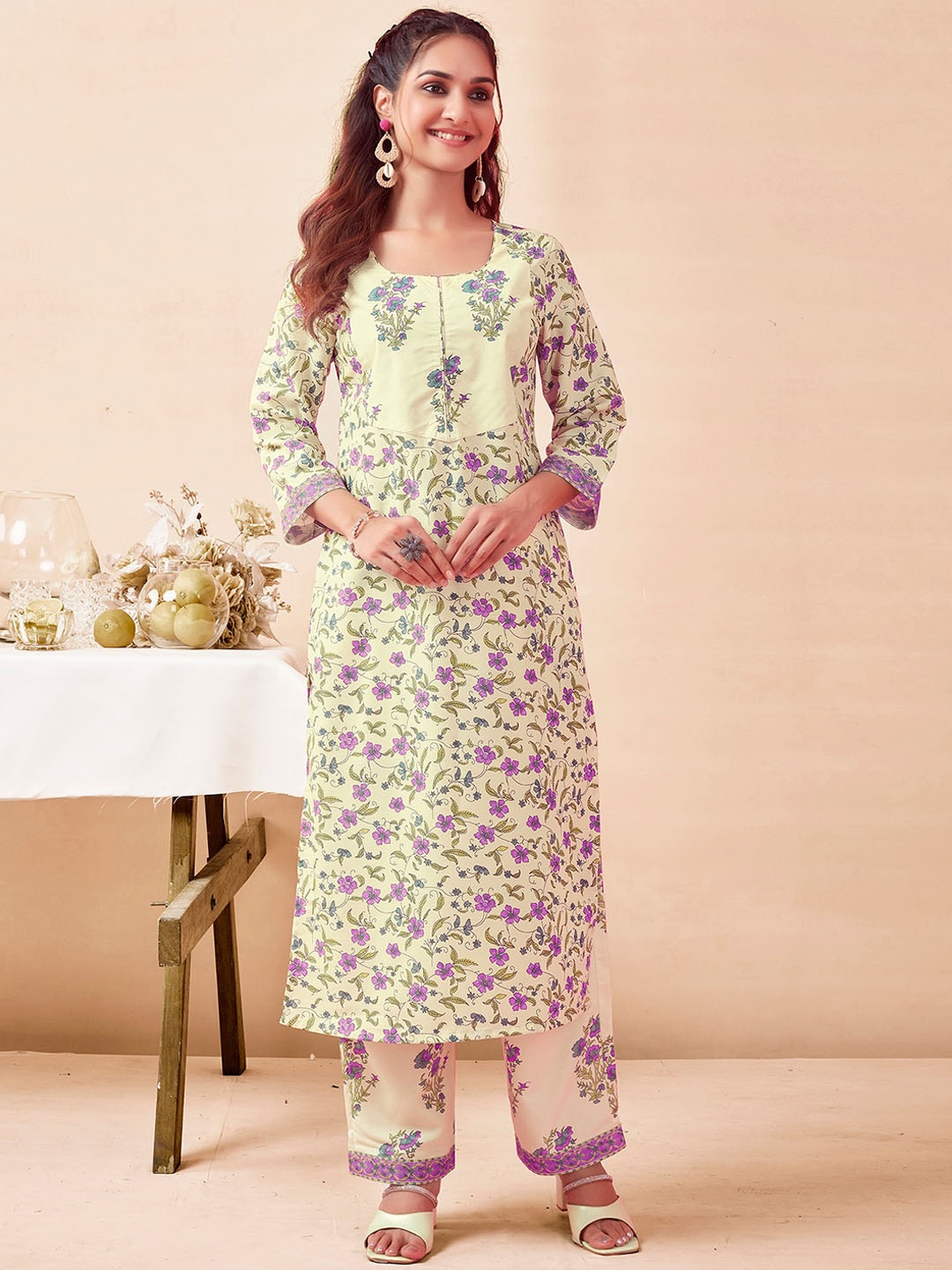 

SKYLEE Cream Coloured Floral Printed Straight Kurta & Trousers With Dupatta