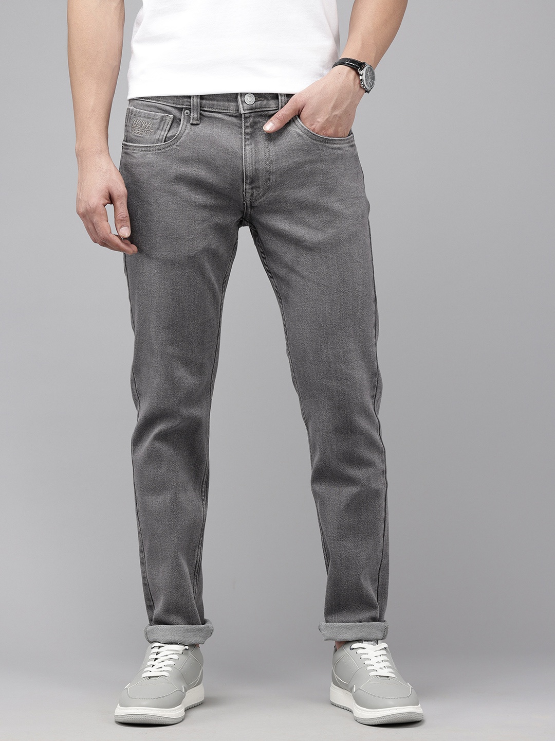 

U.S. Polo Assn. Denim Co. Men Brandon Slim Tapered Fit Light Fade Stretchable Jeans, Grey