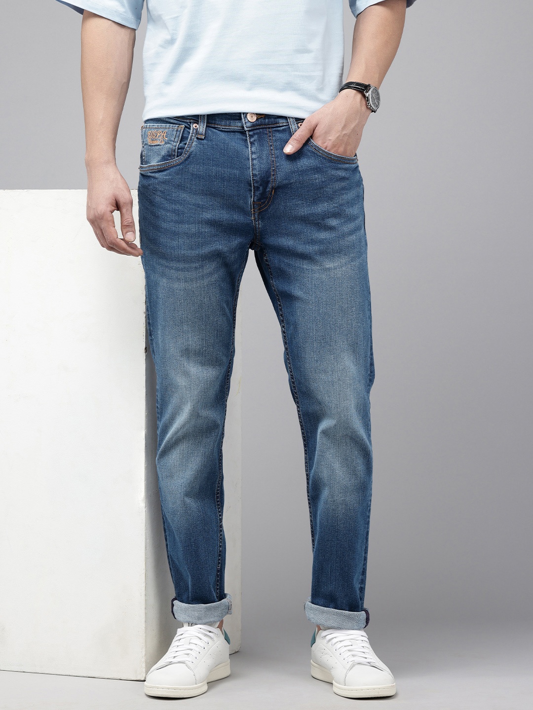 

U.S. Polo Assn. Denim Co. Men Brandon Tapered Slim Fit Heavy Fade Stretchable Jeans, Blue