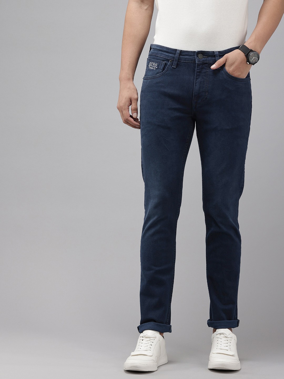 U.S. Polo Assn. Denim Co. Men Slim Fit Light Fade Embroidered Stretchable Jeans, Blue