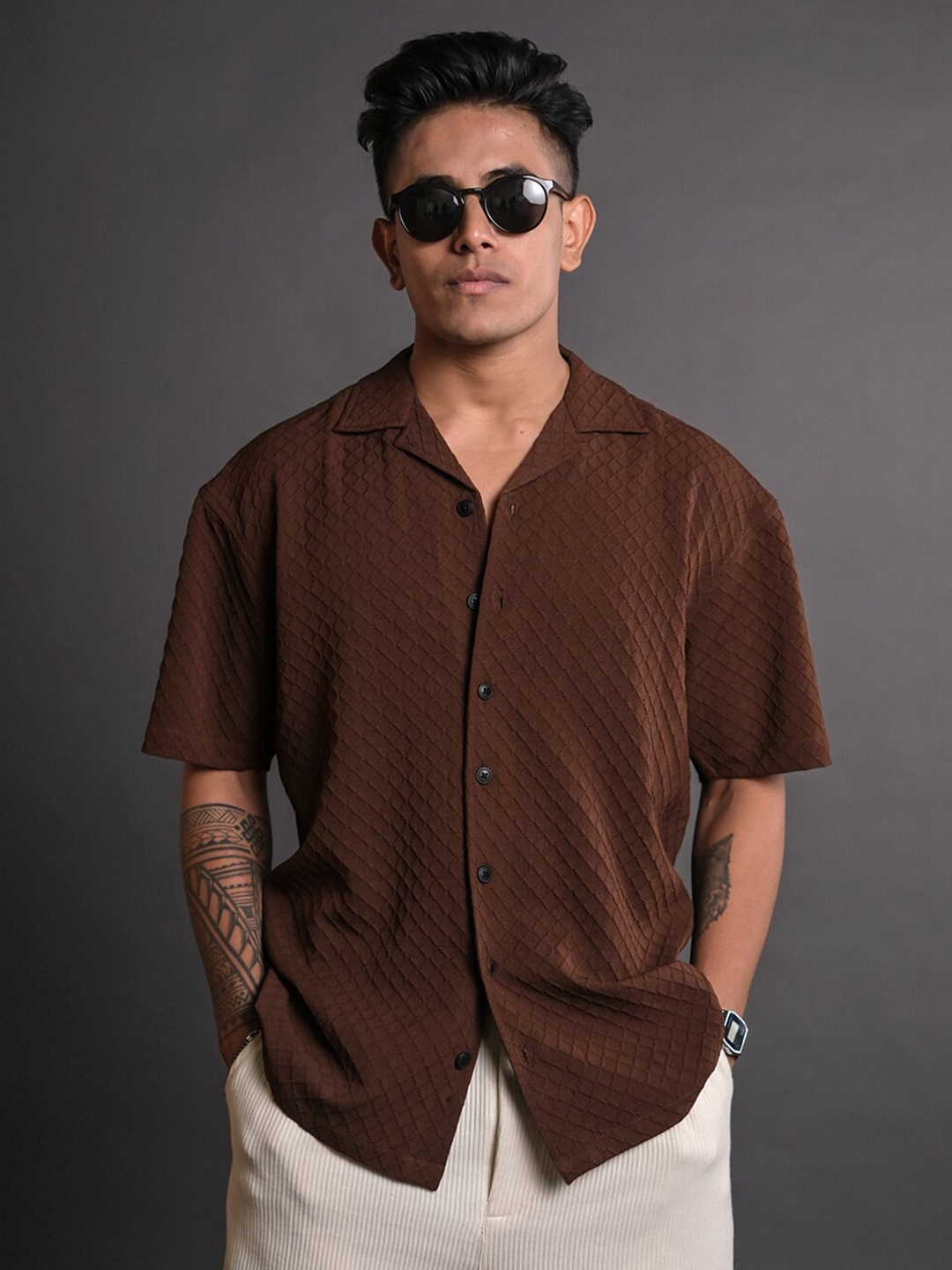

Powerlook Men Textured Oversized Casual Shirt, Brown