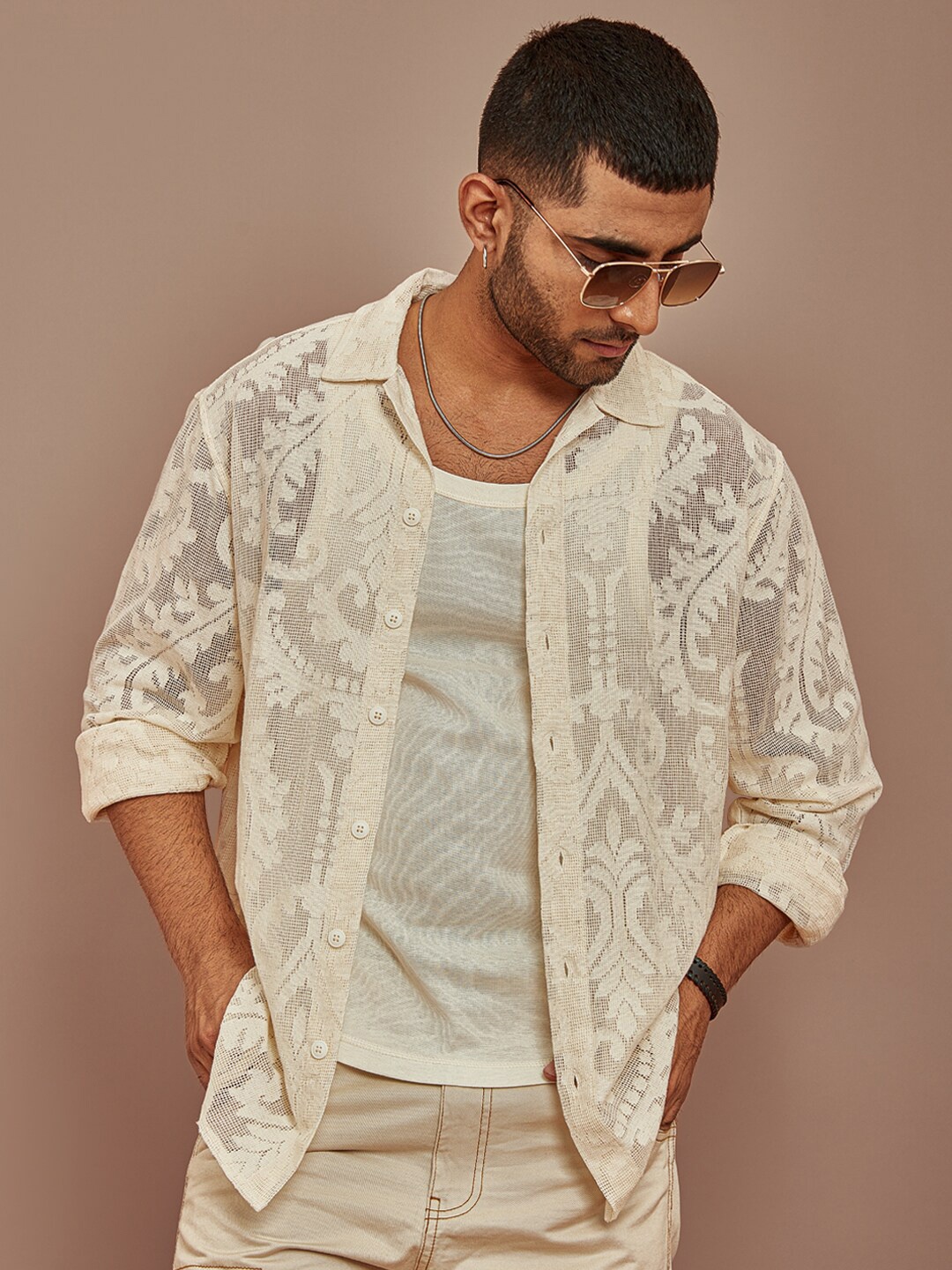 

Powerlook Men Semi Sheer Casual Shirt, Off white