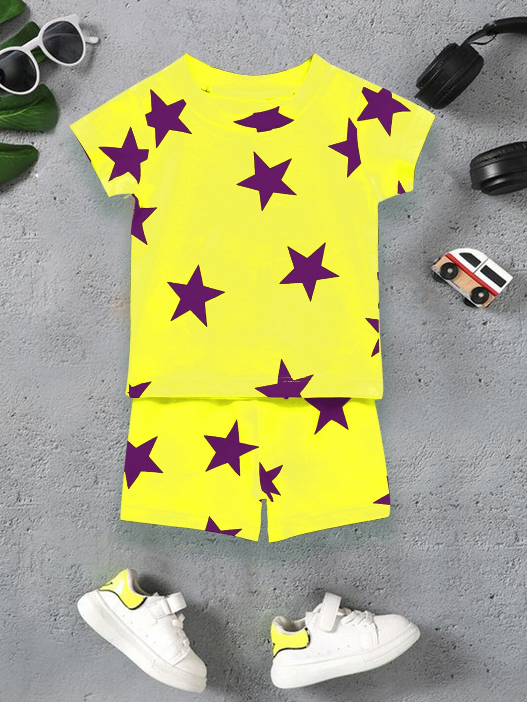 

A.T.U.N. Boys Round Neck Printed Pure Cotton Two Piece Co-ords Set, Yellow