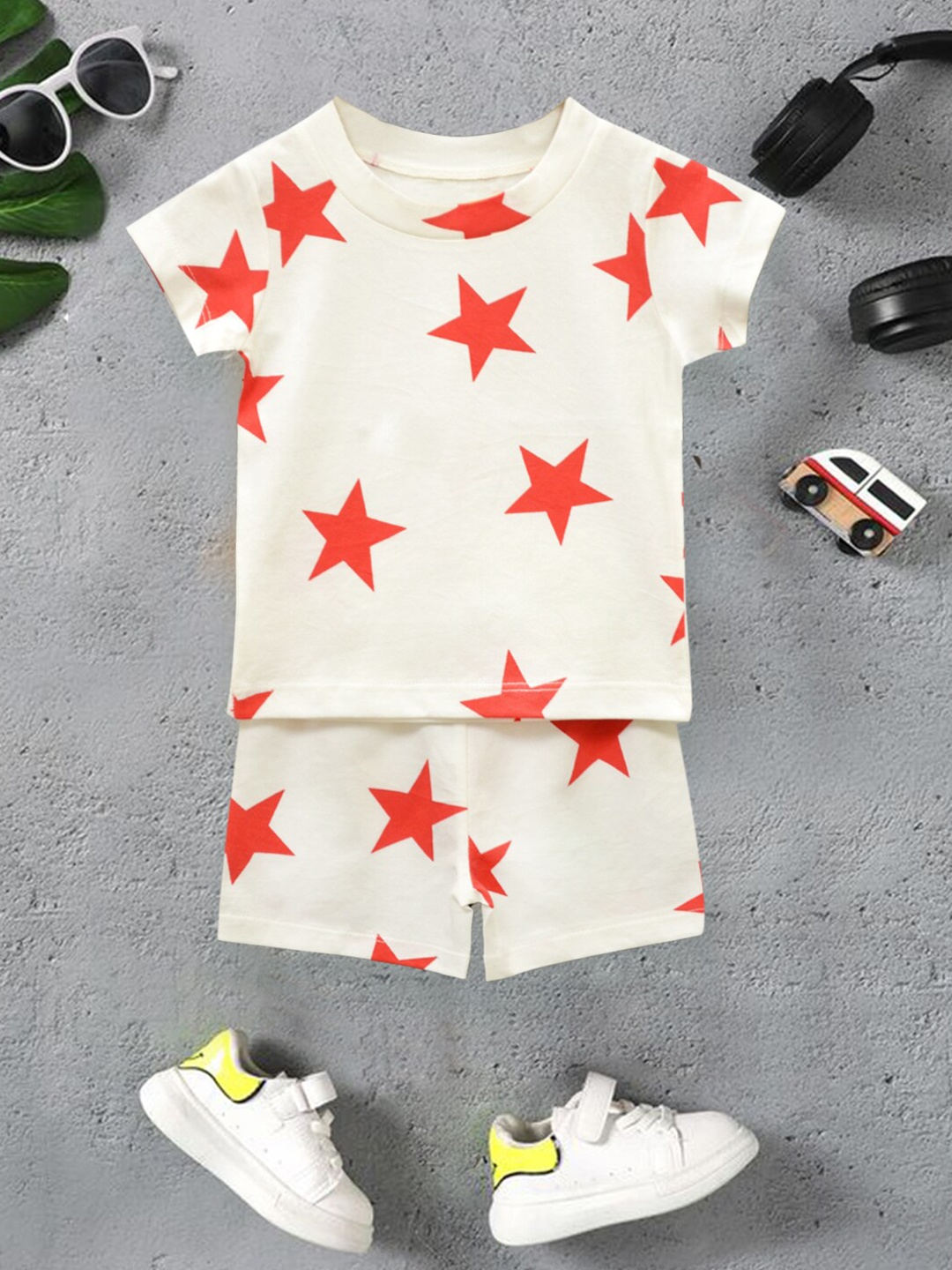 

A.T.U.N. Boys Printed Cotton Casual Two Piece Co-ords Set, White