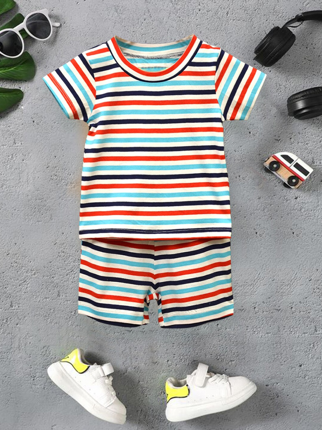 

A.T.U.N. Boys Striped Cotton Two Piece Co-ords Set, Red