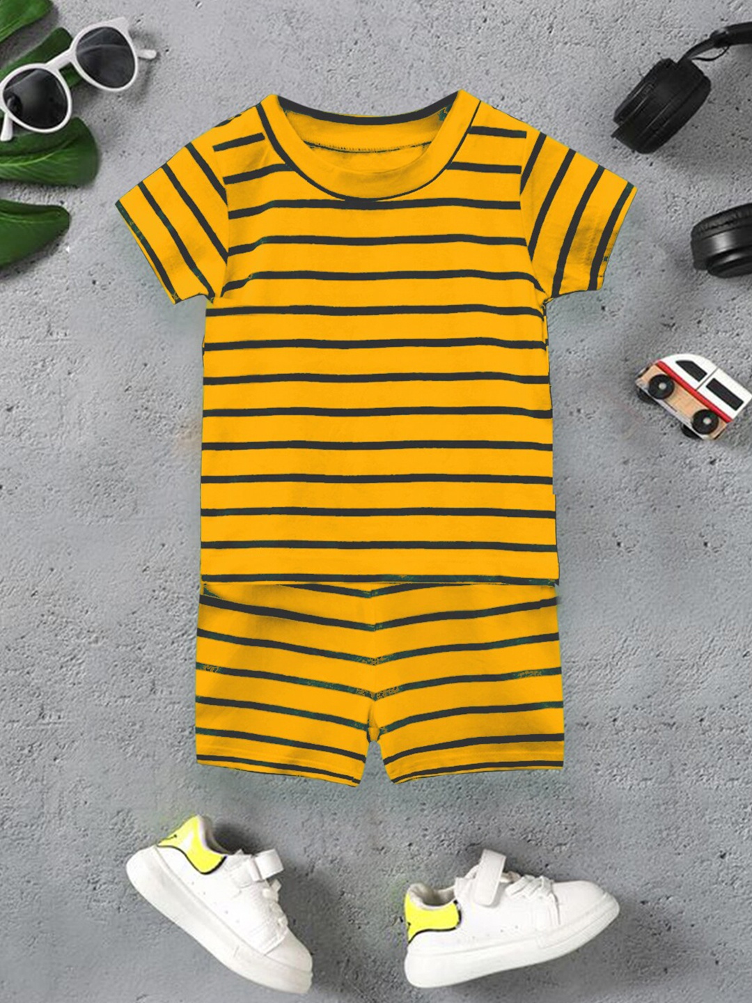 

A.T.U.N. Boys Striped Pure Cotton T-shirt with Shorts, Mustard
