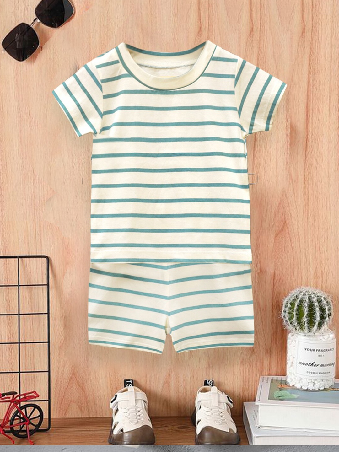 

A.T.U.N. Boys Striped Printed Pure Cotton Co-ords Set, Cream