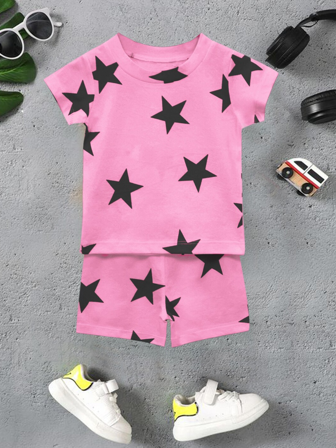 

A.T.U.N. Boys Printed Round Neck Short Sleeves Two Piece Cotton Co-ords Set, Pink