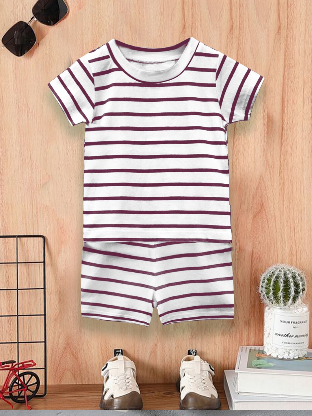 

A.T.U.N. Boys Striped Printed Round Neck Pure Cotton Two Piece Co-ords Set, White