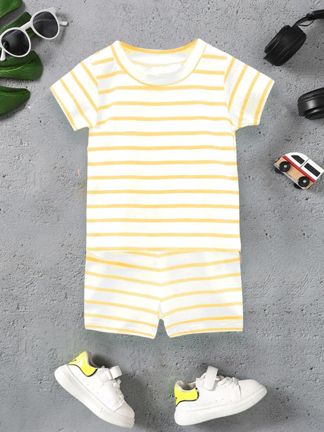 

A.T.U.N. Boys Striped Printed Pure Cotton Co-ords Set, Yellow