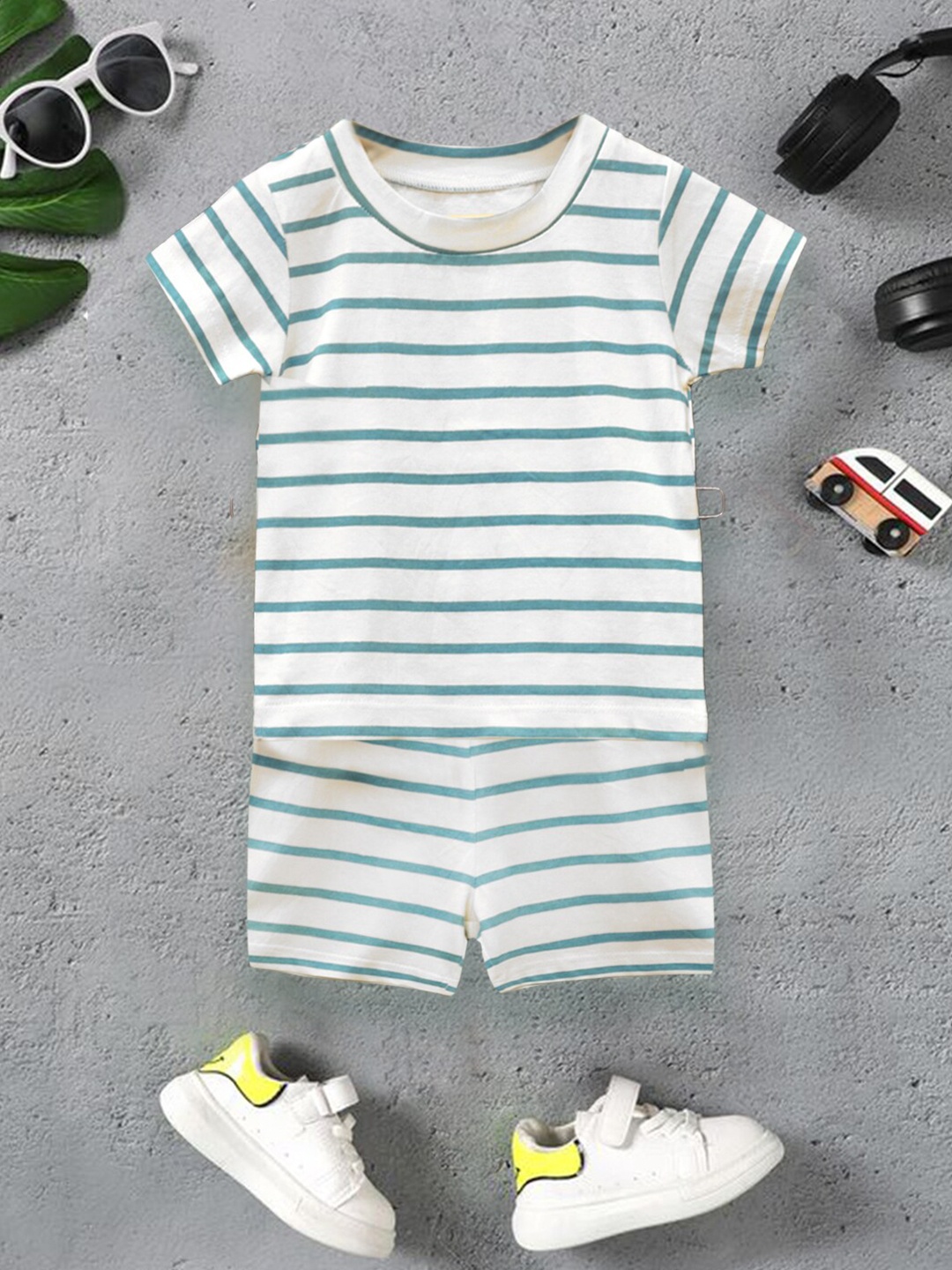 

A.T.U.N. Boys Striped Cotton Casual Two Piece Co-ords Set, Teal