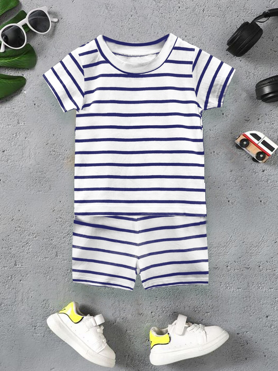 

A.T.U.N. Boys Round Neck Striped Printed Pure Cotton Two Piece Co-ords Set, White