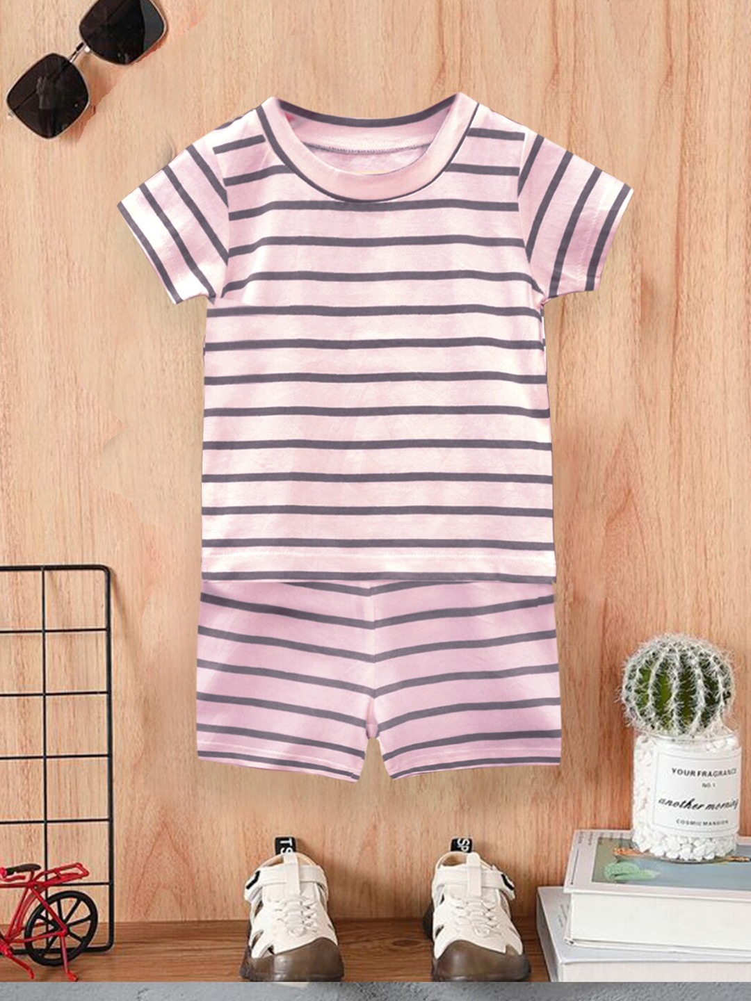 

A.T.U.N. Boys Striped Two Piece Cotton Co-ords Set, Pink