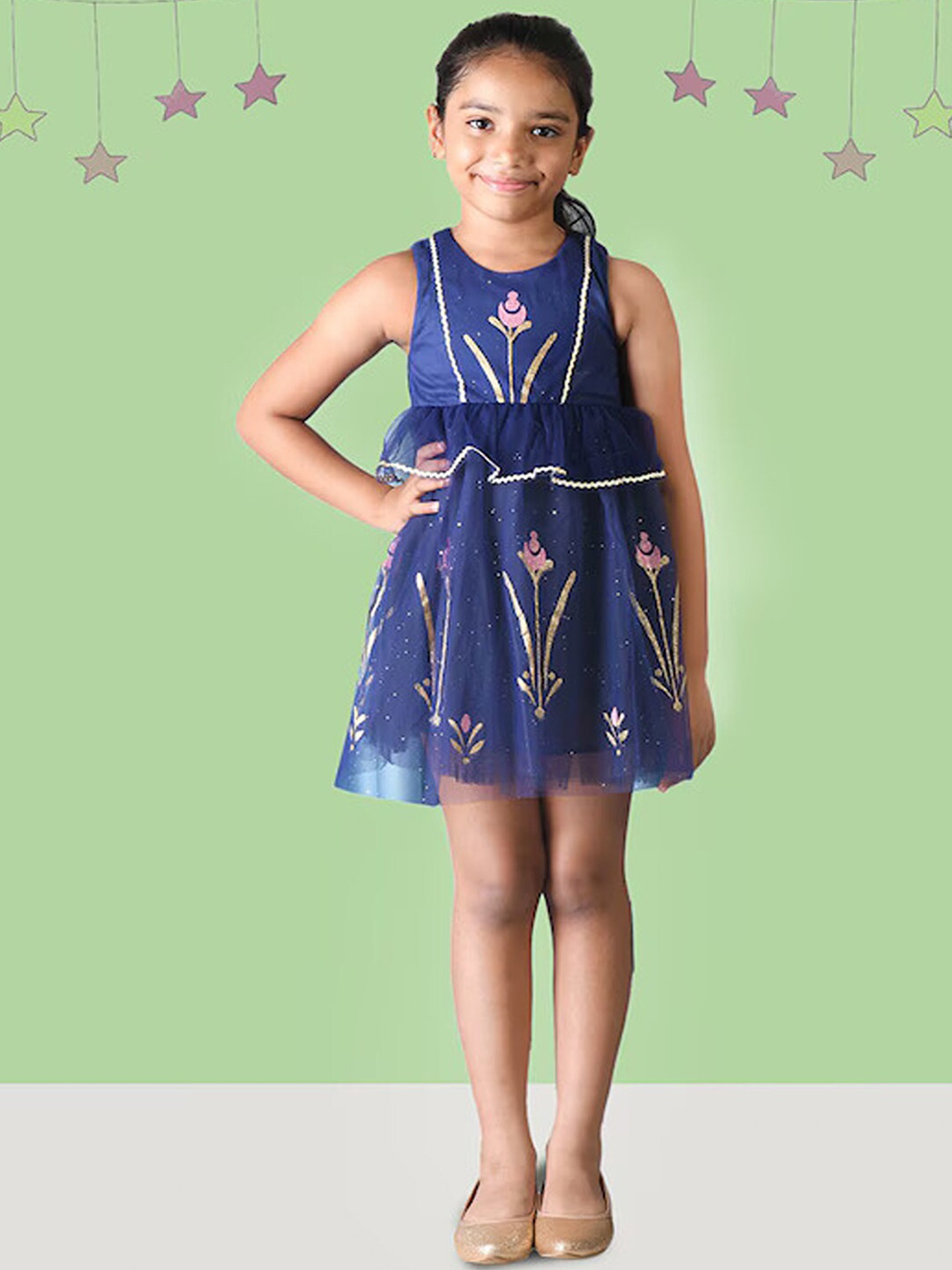 

Kids On Girls Board Conversational Print Crepe Fit & Flare Dress, Navy blue