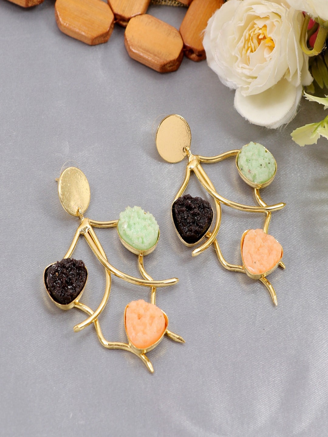 

UNIVERSITY TRENDZ Gold-Plated Raw Stone Studded Classic Drop Earrings