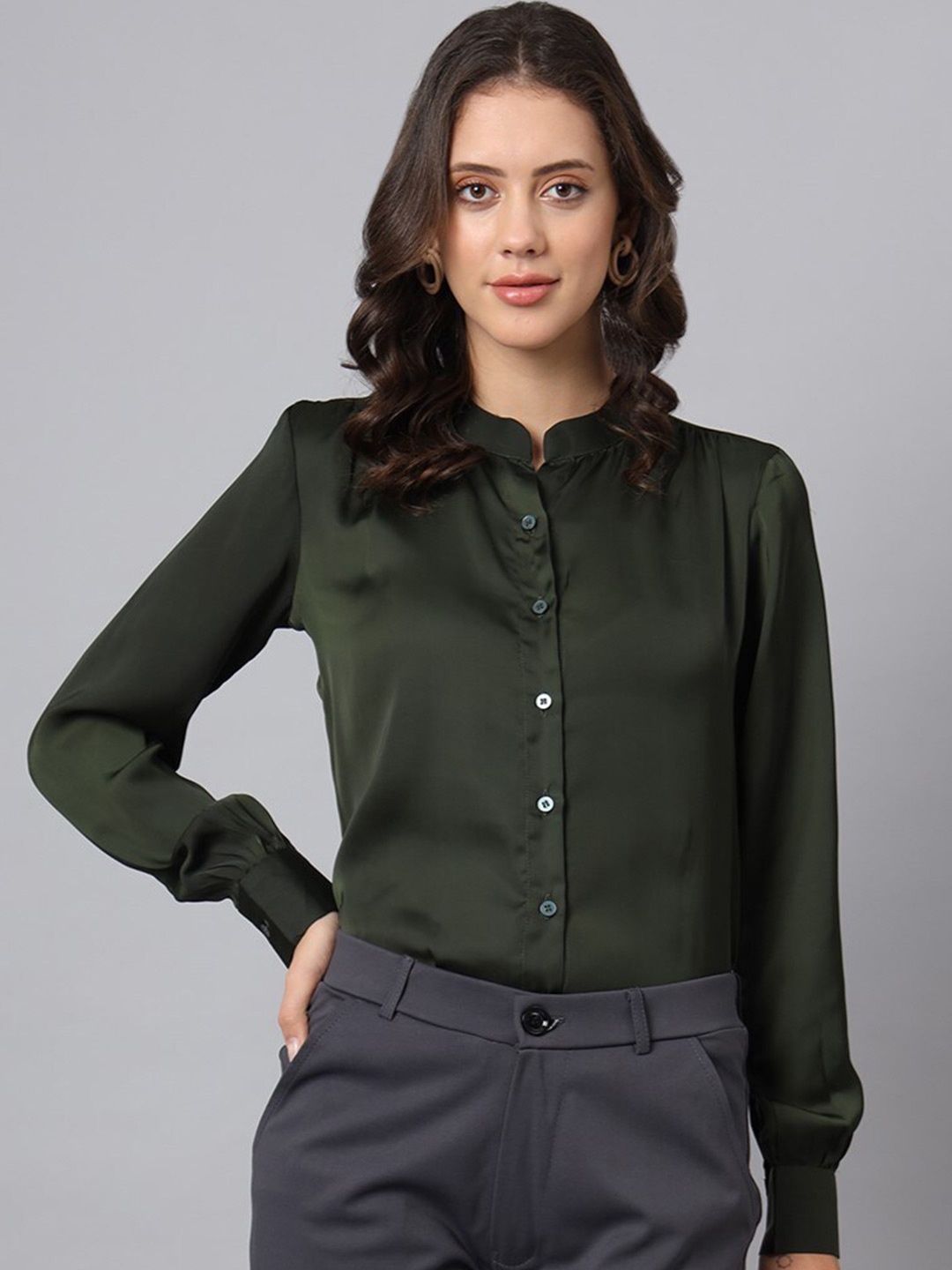 

FITHUB Women Opaque Formal Shirts, Olive