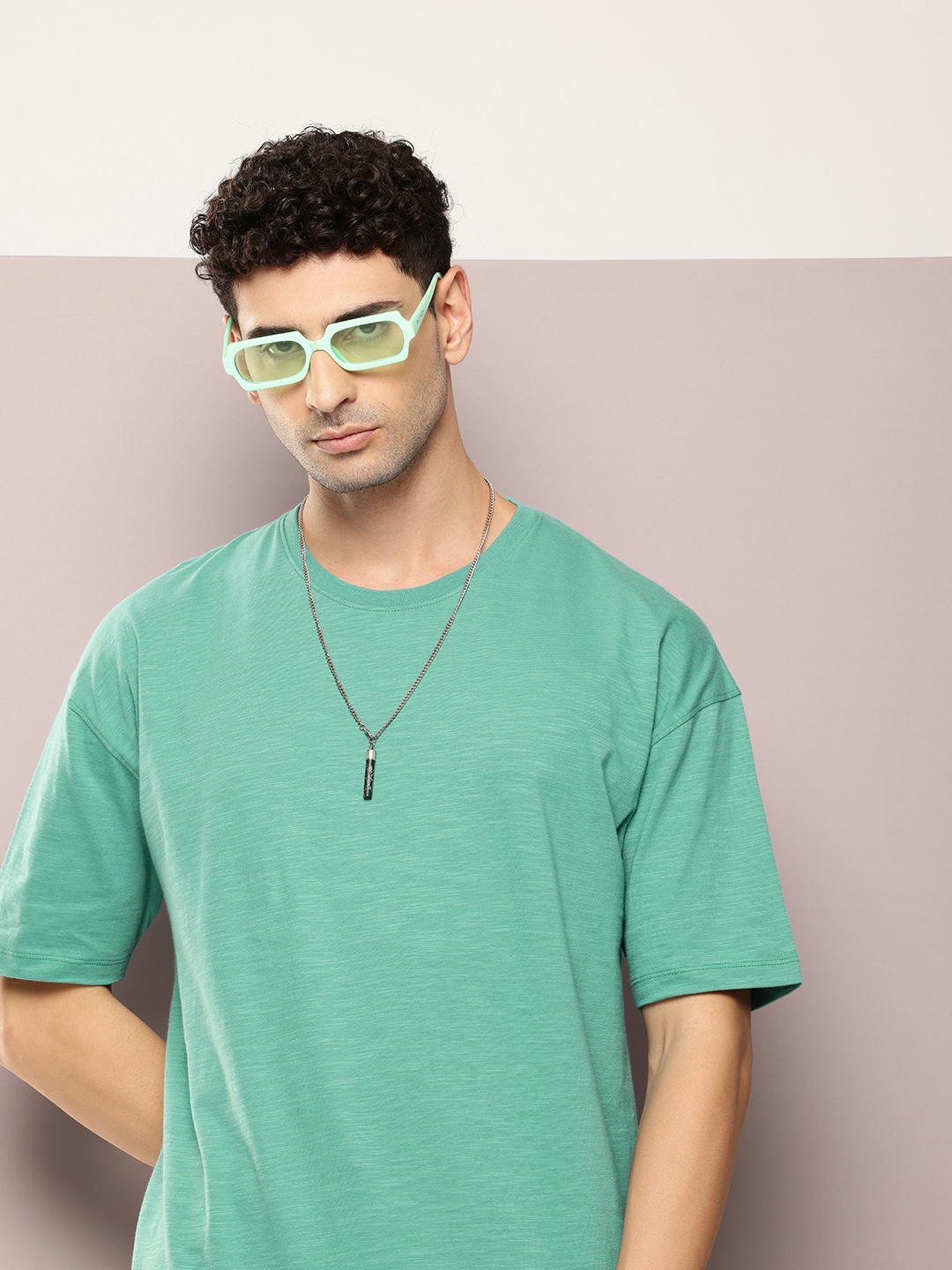 Kook N Keech Men Drop-Shoulder Sleeves Oversized Pure Cotton T-shirt, Teal