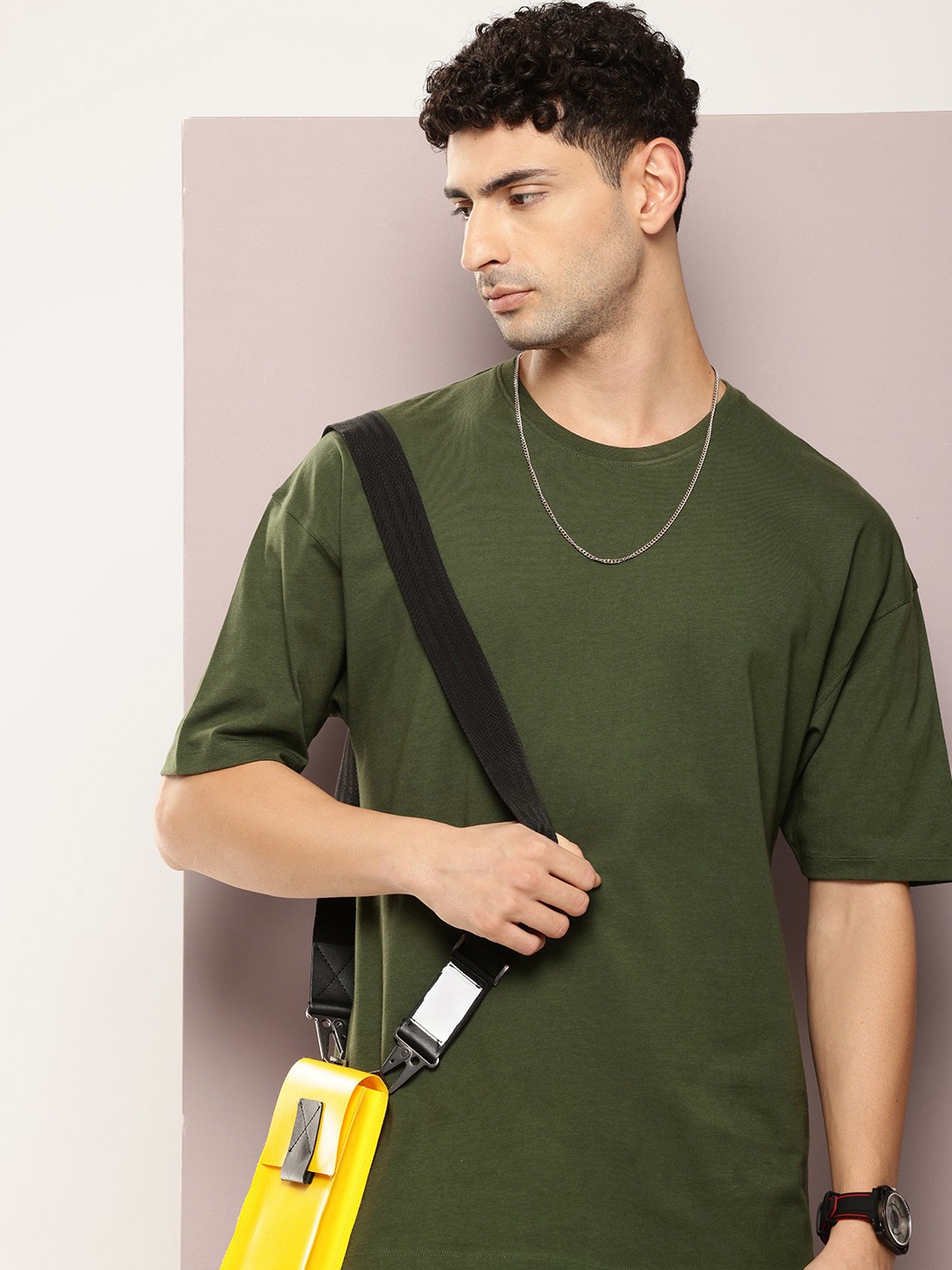 

Kook N Keech Men Drop-Shoulder Sleeves Oversized Pure Cotton T-shirt, Olive