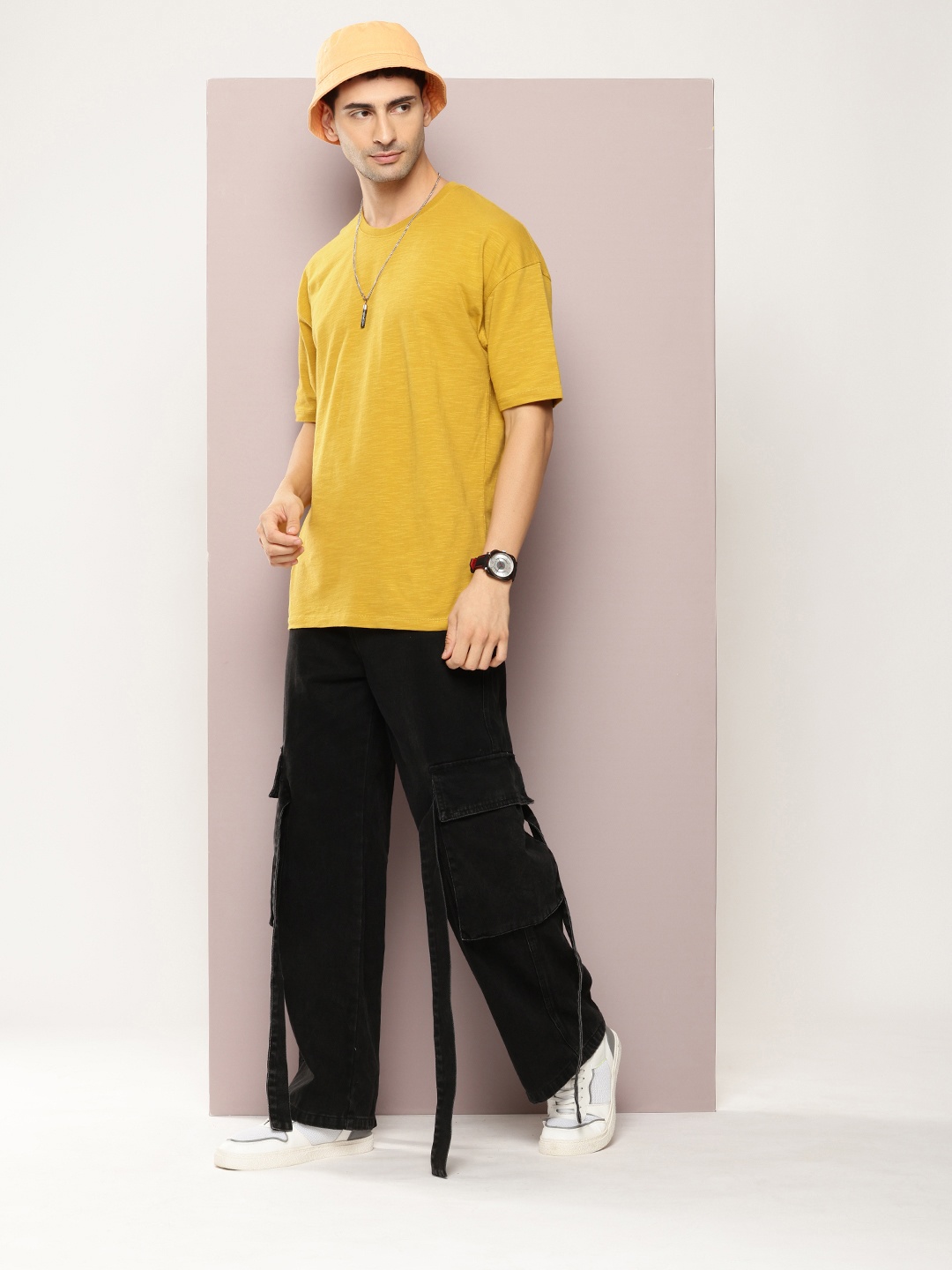 

Kook N Keech Men Drop-Shoulder Sleeves Oversized Pure Cotton T-shirt, Mustard