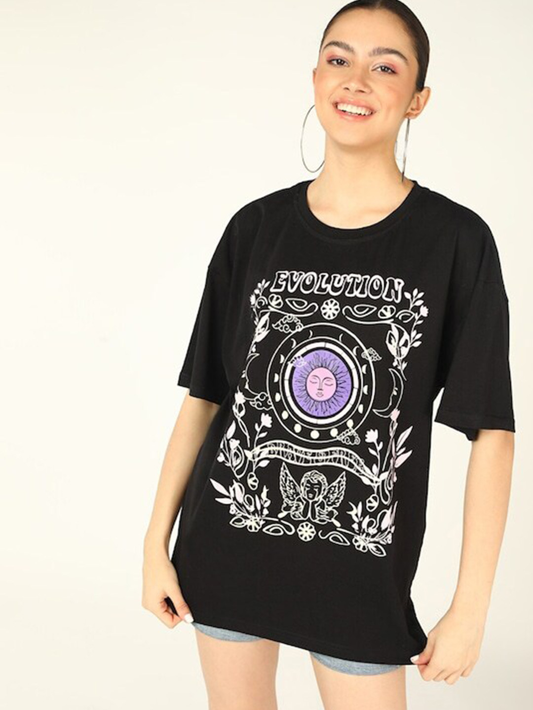 

DressBerry Women Printed Extended Sleeves Raw Edge T-shirt, Black