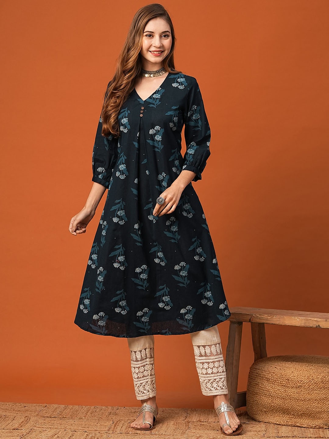 

FASHOR Floral Printed Puff Sleeves Pure Cotton A-Line Kurta, Navy blue