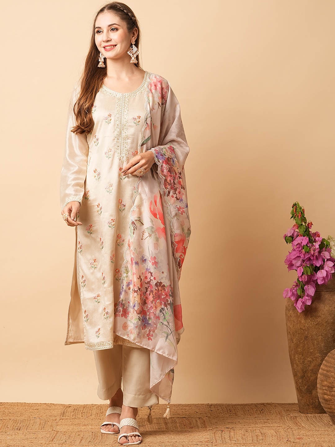 

FASHOR Floral Embroidered Round Neck Straight Kurta with Trousers & Dupatta, Beige