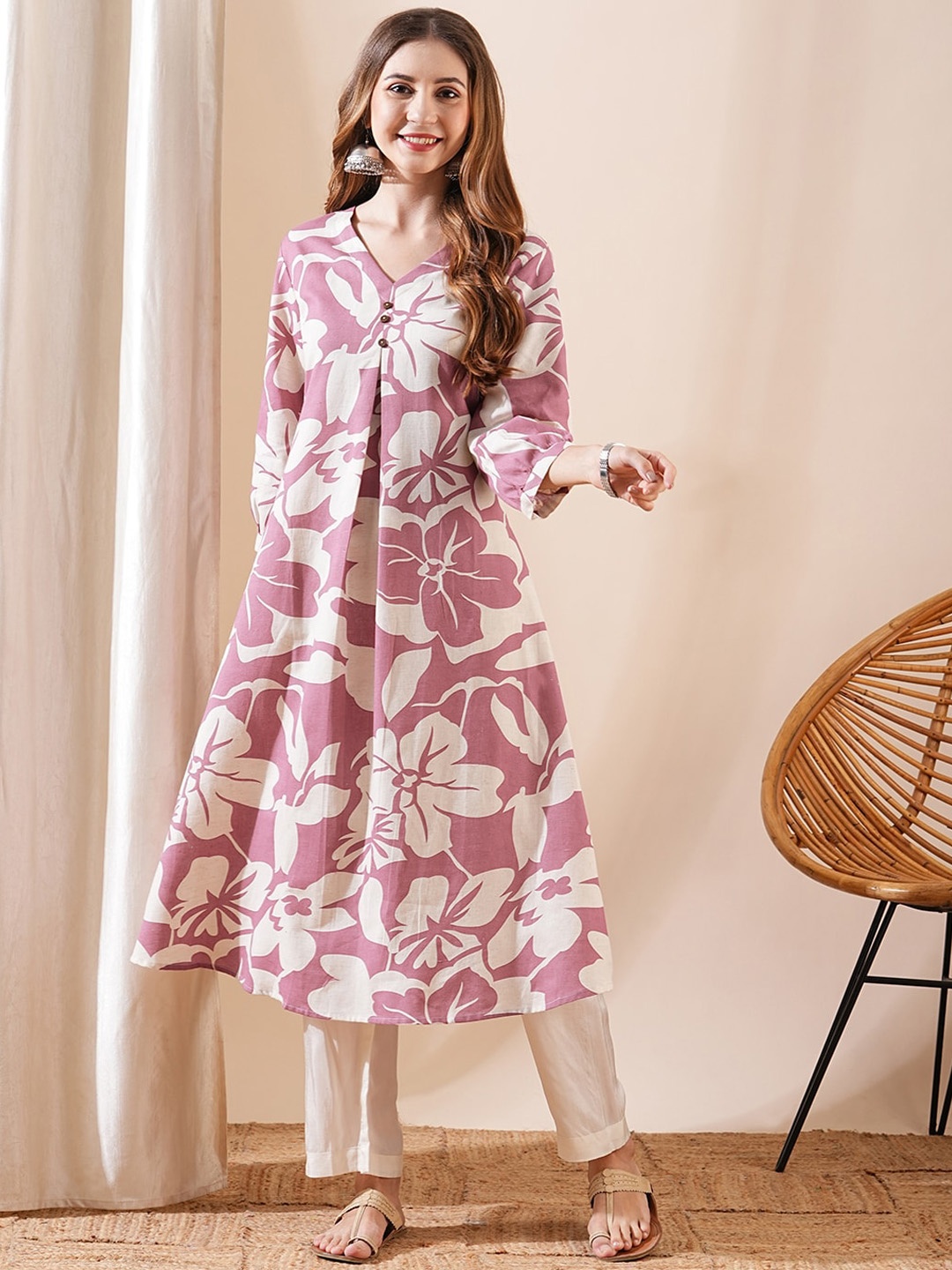 

FASHOR Floral Printed Puff Sleeves A-Line Kurta, Mauve