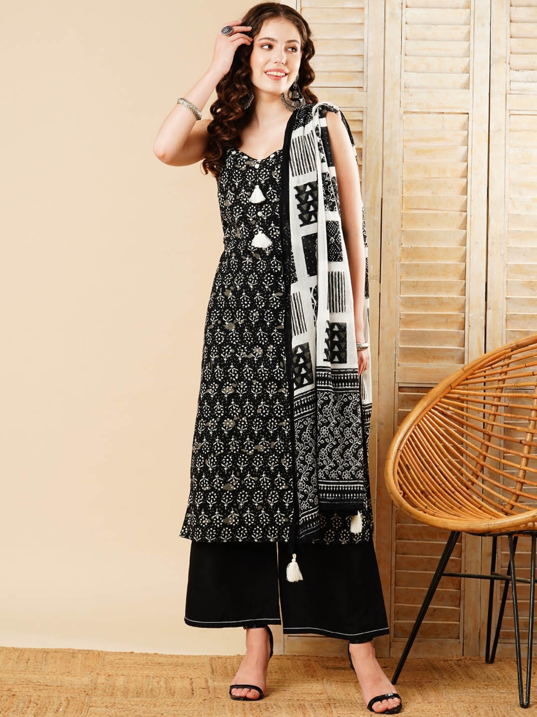 

FASHOR Ethnic Motifs Printed Regular Pure Cotton Straight Kurta with Palazzos & Dupatta, Black